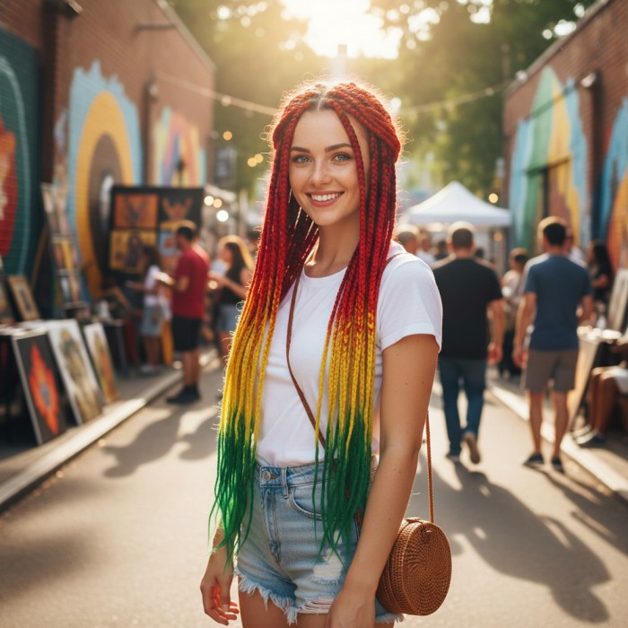  Afrika Örgüsü Ve Rasta İçin Sentetik Ombreli Saç - Turuncu / Sarı / Yeşil