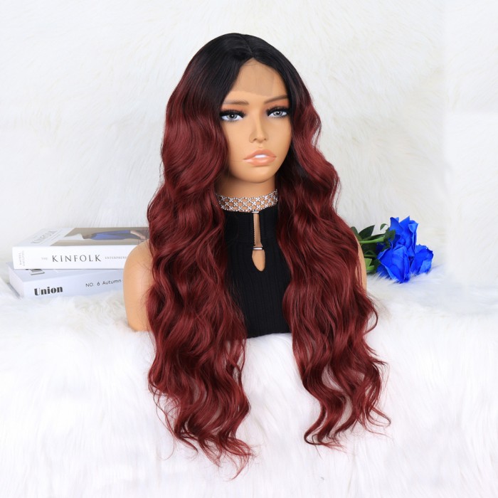 Siyah Koyu Kızıl Ombreli Dalgalı Tül Peruk