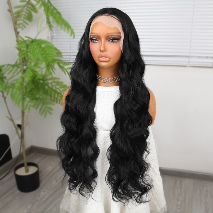 Siyah Ekstra Uzun Fiber Sentetik Dalgalı Tül Peruk