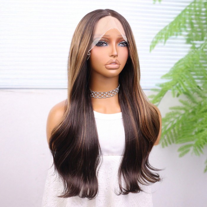 Kahve Karamel Işıltılı Düz Fiber Sentetik Tül Peruk