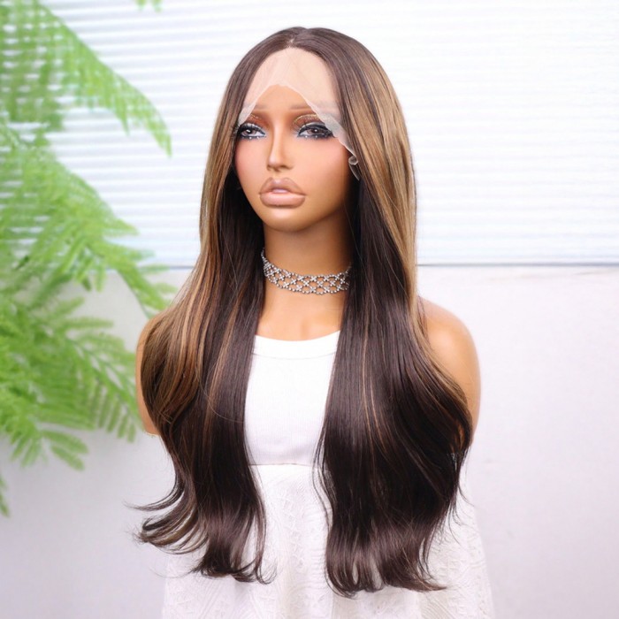 Kahve Karamel Işıltılı Düz Fiber Sentetik Tül Peruk