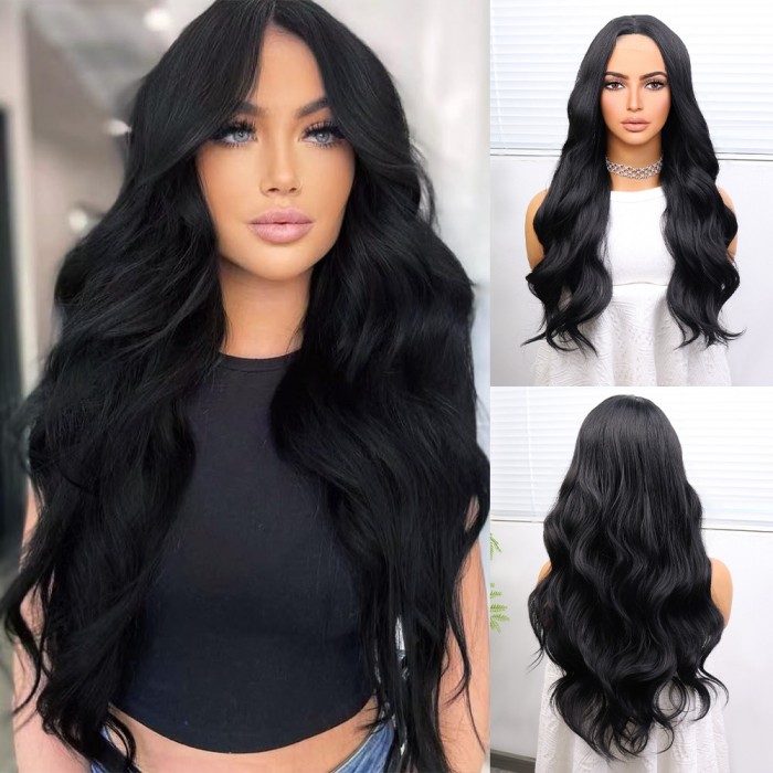 Uzun Siyah Su Dalgalı Fiber Sentetik Tül Peruk