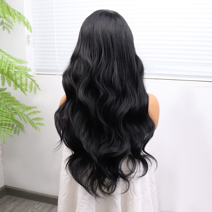 Uzun Siyah Su Dalgalı Fiber Sentetik Tül Peruk