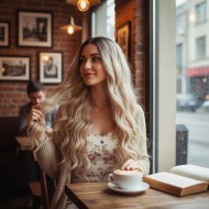 Uzun Su Dalgası Fiber Sentetik Peruk - Kumral / Bal Köpüğü Ombre ve Platin Röfleli