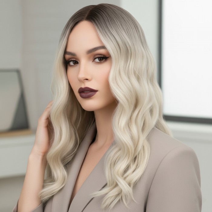  Dalgalı Perçemli Fiber Sentetik Orta Boy Peruk - Kahverengi / Beyaz Platin Ombreli