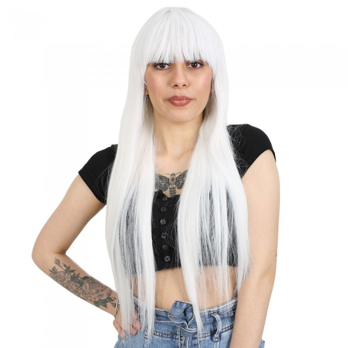 Uzun Kahküllü Fiber Sentetik Peruk - Beyaz
