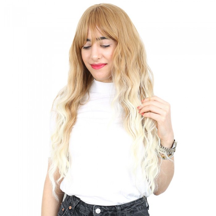 Perçemli Uzun Su Dalgası Fiber Sentetik Peruk - Balköpüğü / Platin Uzun Ombreli