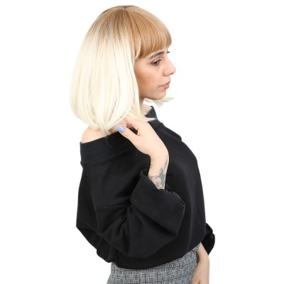 Kısa Küt Perçemli Fiber Sentetik Peruk - Balköpüğü / Platin Ombreli Kısa Küt Perçemli Fiber Sentetik Peruk - Balköpüğü / Platin Ombreli