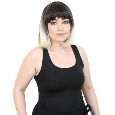  Kısa Küt Perçemli Fiber Sentetik Peruk - Küllü Siyah / Platin Ombreli