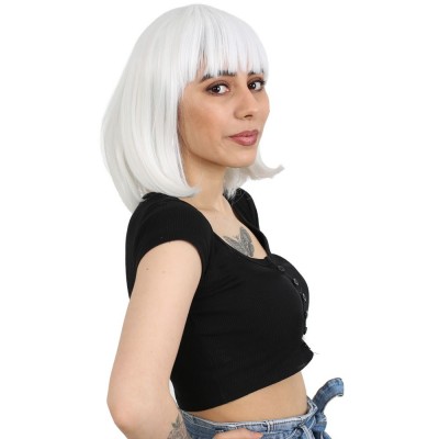 Küt Kahküllü Fiber Sentetik Peruk - Beyaz Küt Kahküllü Fiber Sentetik Peruk - Beyaz