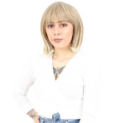 Küt Kahküllü Fiber Sentetik Peruk - Karamel / Platin Röfleli