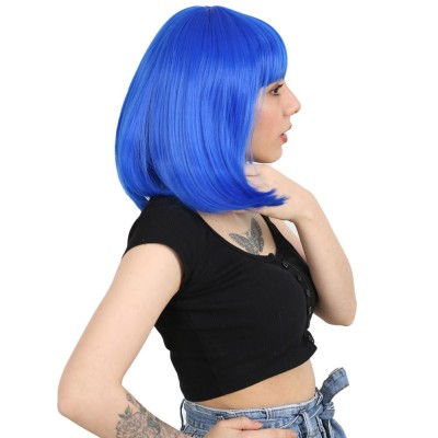 Küt Kahküllü Fiber Sentetik Peruk - Koyu Mavi