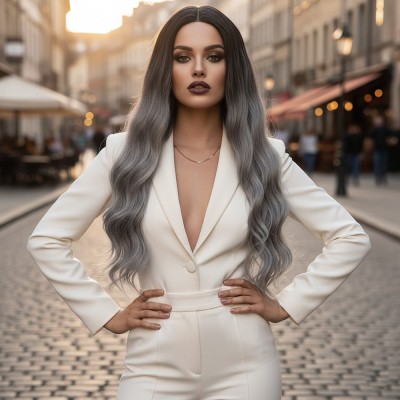 Fiber Sentetik Uzun Su Dalgası Peruk - Siyah Gri Ombreli