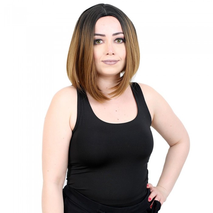 Kahkülsüz Düz Kısa Fiber Sentetik Peruk - Siyah / Karamel Ombreli Kahkülsüz Düz Kısa Fiber Sentetik Peruk - Siyah / Karamel Ombreli