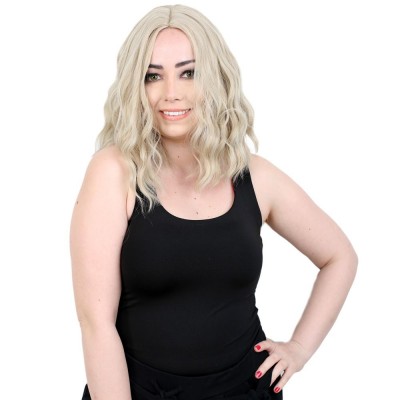  Fiber Sentetik Kısa Dalgalı Perçemsiz Peruk - Balköpüğü / Platin Röfleli