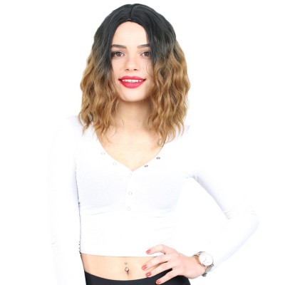  Fiber Sentetik Kısa Dalgalı Perçemsiz Peruk - Siyah / Karamel Ombreli