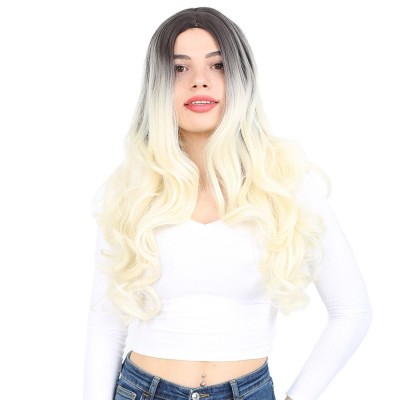 Yoğun Dalgalı Fiber Sentetik Uzun Perçemsiz Peruk - Küllü Siyah / Platin Ombreli