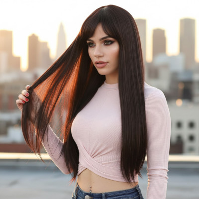 Fiber Sentetik Uzun Düz Kahküllü Peruk - Koyu Kahve