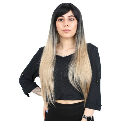 Fiber Sentetik Uzun Düz Kahküllü Peruk - Siyah / Balköpüğü Ombreli Fiber Sentetik Uzun Düz Kahküllü Peruk - Siyah / Balköpüğü Ombreli