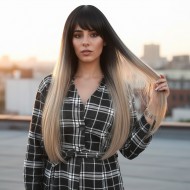 Fiber Sentetik Uzun Düz Kahküllü Peruk - Siyah / Küllü Bebek Sarı Ombreli Fiber Sentetik Uzun Düz Kahküllü Peruk - Siyah / Küllü Bebek Sarı Ombreli