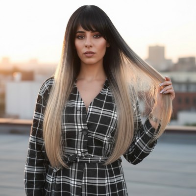 Fiber Sentetik Uzun Düz Kahküllü Peruk - Siyah / Küllü Bebek Sarı Ombreli