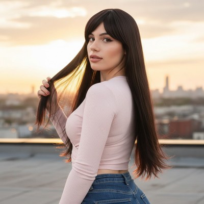 Fiber Sentetik Uzun Düz Kahküllü Peruk - Kahverengi