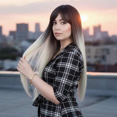 Fiber Sentetik Uzun Düz Kahküllü Peruk - Küllü Siyah / Platin Ombreli