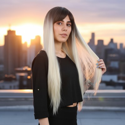 Fiber Sentetik Uzun Düz Kahküllü Peruk - Küllü Açık Kahve / Platin Ombreli