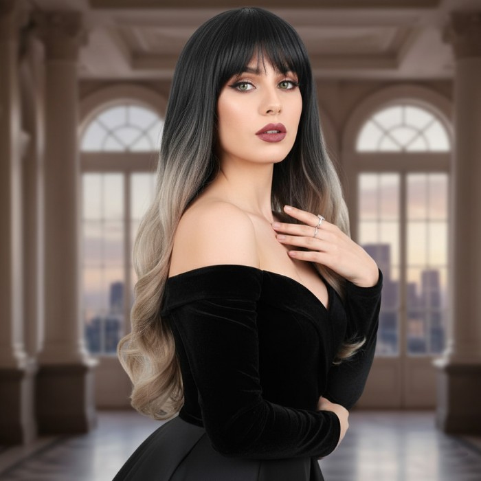 Kahküllü Uzun Dalgalı Fiber Sentetik Peruk - Siyah / Küllü Bebek Sarı Ombreli Kahküllü Uzun Dalgalı Fiber Sentetik Peruk - Siyah / Küllü Bebek Sarı Ombreli