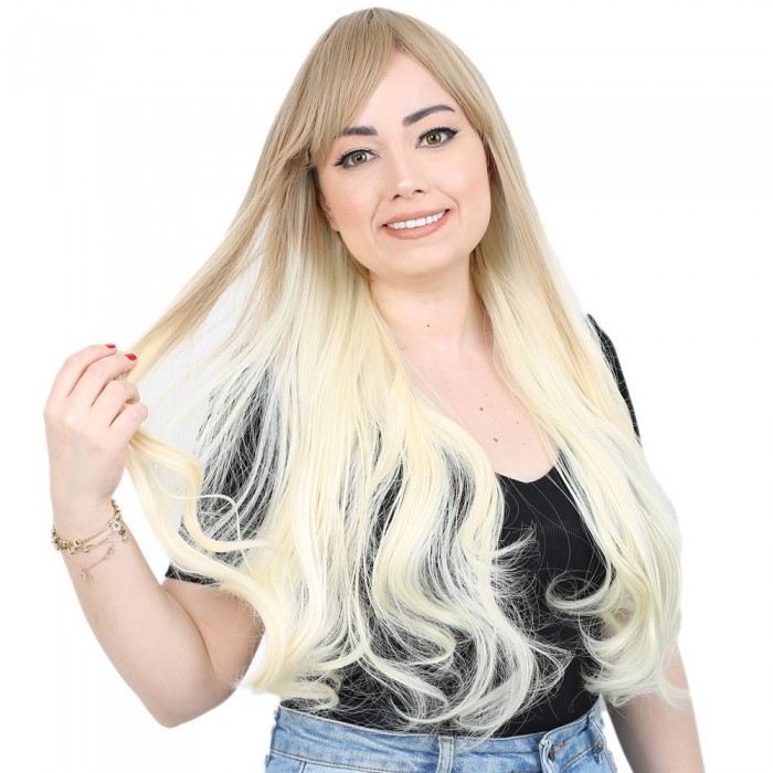 Kahküllü Uzun Dalgalı Fiber Sentetik Peruk - Küllü Balköpüğü / Platin Ombreli Kahküllü Uzun Dalgalı Fiber Sentetik Peruk - Küllü Balköpüğü / Platin Ombreli