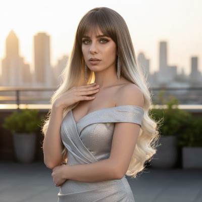 Kahküllü Uzun Dalgalı Fiber Sentetik Peruk - Küllü Açık Kahve / Platin Ombreli