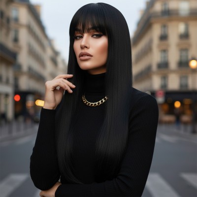  Düz Perçemli Uzun Fiber Sentetik Peruk - Siyah