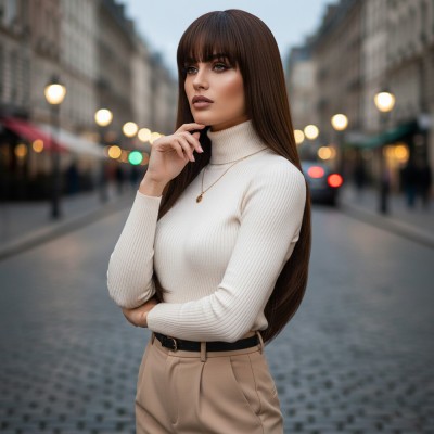  Düz Perçemli Uzun Fiber Sentetik Peruk - Kahve Karamel