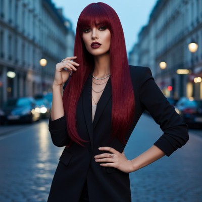  Düz Perçemli Uzun Fiber Sentetik Peruk - Kızıl