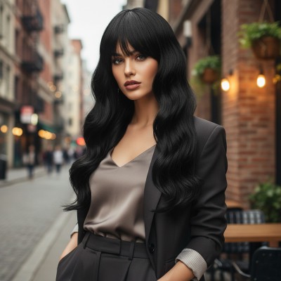  Dalgalı Perçemli Fiber Sentetik Orta Boy Peruk - Siyah