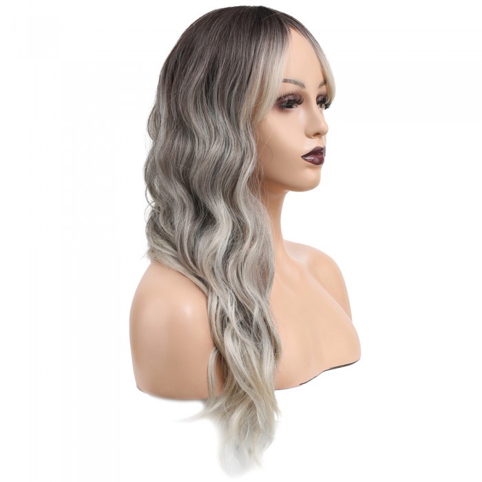  Dalgalı Perçemli Fiber Sentetik Orta Boy Peruk - Ombre ve Röfleli