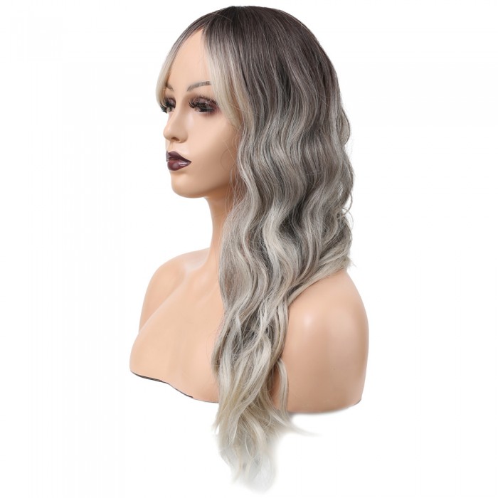  Dalgalı Perçemli Fiber Sentetik Orta Boy Peruk - Ombre ve Röfleli