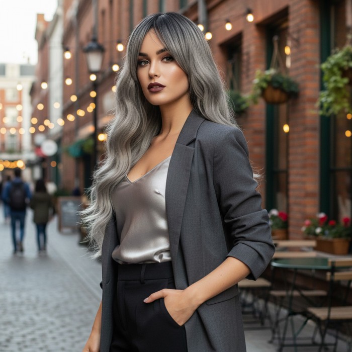 Dalgalı Perçemli Fiber Sentetik Orta Boy Peruk - Siyah Gri Ombreli Dalgalı Perçemli Fiber Sentetik Orta Boy Peruk - Siyah Gri Ombreli