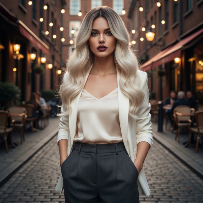  Dalgalı Perçemli Fiber Sentetik Orta Boy Peruk - Kahve / Beyaz Platin Röfleli