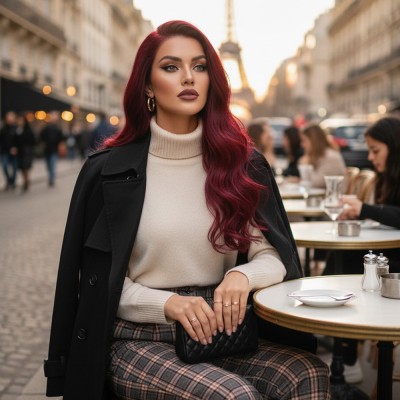 Gerçek Front Lace Tül Peruk - Dalgalı - Koyu Kızıl 70-75cm