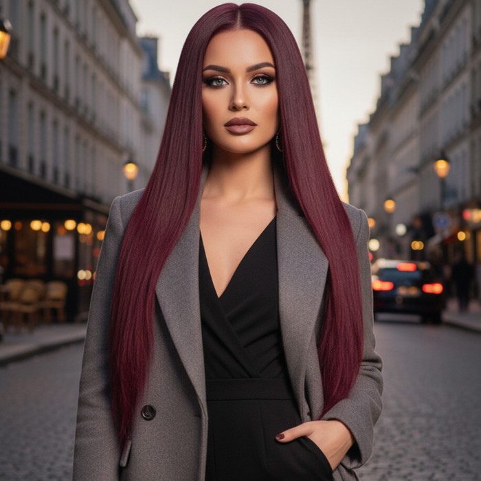 Gerçek Front Lace Tül Peruk - Düz - Koyu Kızıl 70-75cm