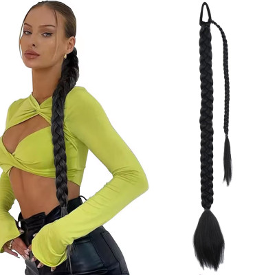 Üçlü Örgülü Tokalı Bağlamalı At Kuyruğu - Siyah