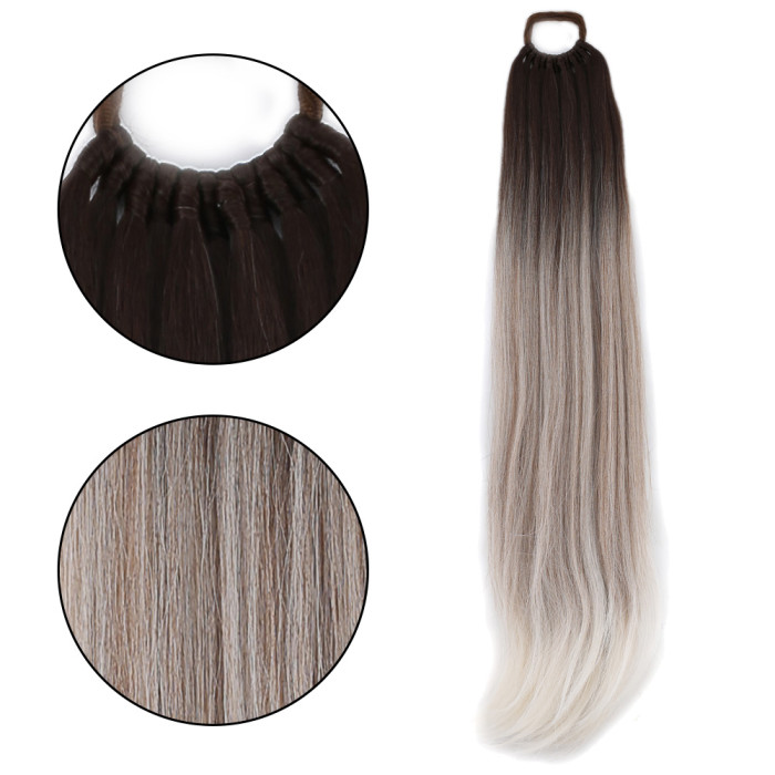 Lastik Tokalı At Kuyruğu Düz - Koyu Kumral / Gümüş Platin Ombre Lastik Tokalı At Kuyruğu Düz - Koyu Kumral / Gümüş Platin Ombre