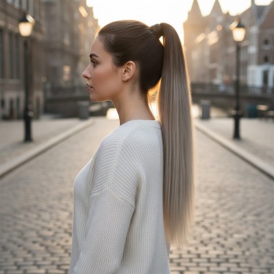 Lastik Tokalı At Kuyruğu Düz - Küllü Kumral / Beyaz Platin Ombre