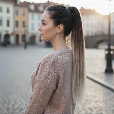 Lastik Tokalı At Kuyruğu Düz - Kumral / Beyaz Platin Ombre