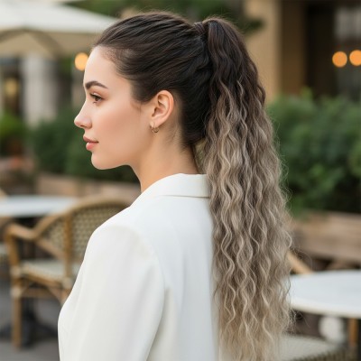 Lastik Tokalı At Kuyruğu Kabarık Afro Dalgalı - Küllü Kumral / Beyaz Platin Ombre