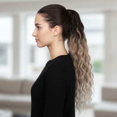 Lastik Tokalı At Kuyruğu Kabarık Afro Dalgalı - Kahverengi / Kumral  Ombre Beyaz Platin Röfle