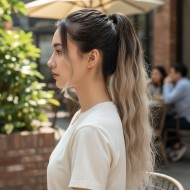 Lastik Tokalı At Kuyruğu Su Dalgalı - Kahverengi / Kumral  Ombre Beyaz Platin Röfle