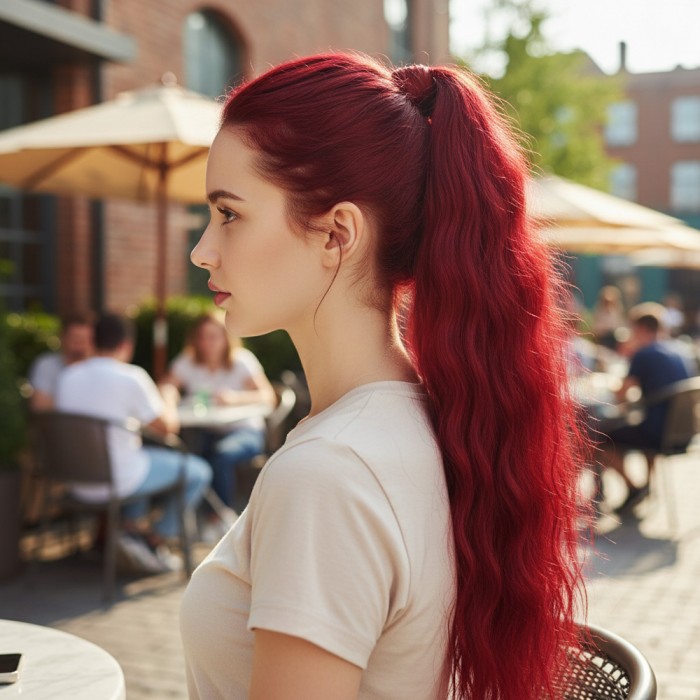 Lastik Tokalı At Kuyruğu Su Dalgalı  - Kızıl