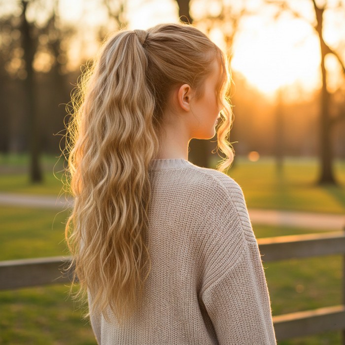 Bağlamalı Kabarık Dalgalı At Kuyruğu - Karamel Platin Röfleli